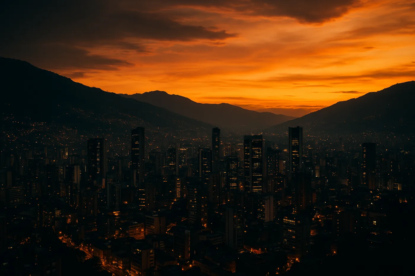 Medellín’s commercial skyline glowing at dusk in the Aburrá Valley.