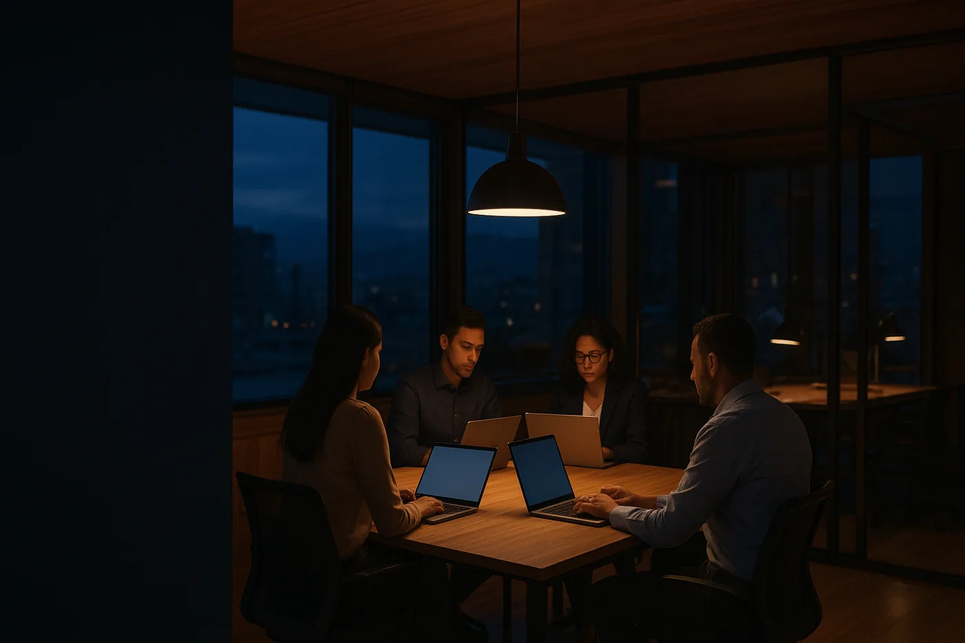 Bilingual professionals collaborating in a modern Colombian office.
