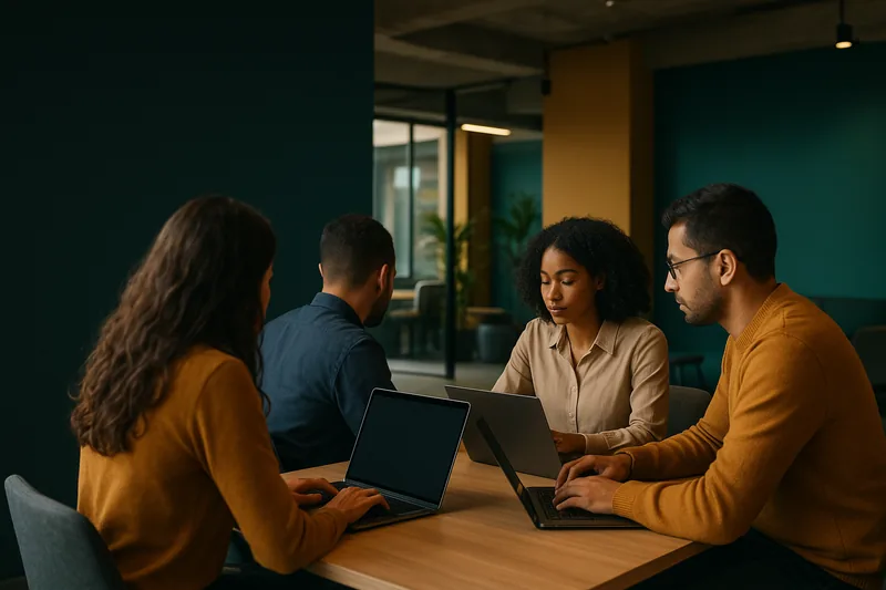 Latin American professionals collaborating with laptops in a modern technology office.