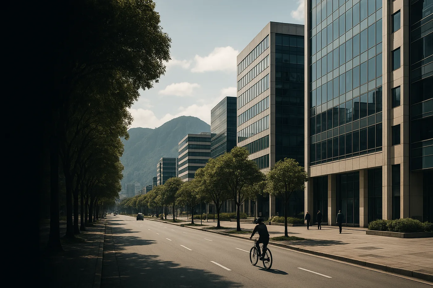 Professionals collaborating in a contemporary Bogotá workspace with the Andes beyond.