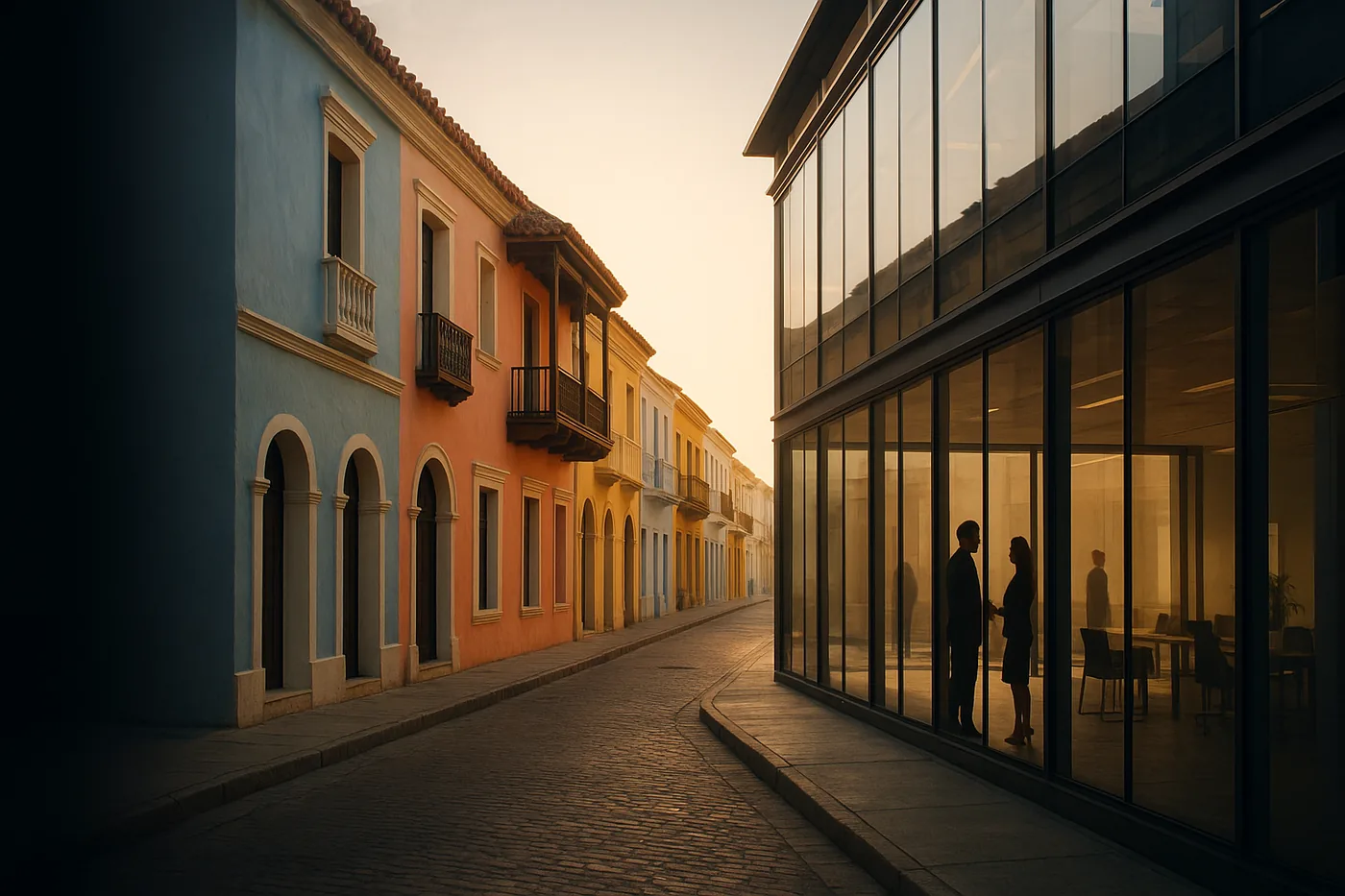 Professionals collaborating in a contemporary Cartagena coworking space.