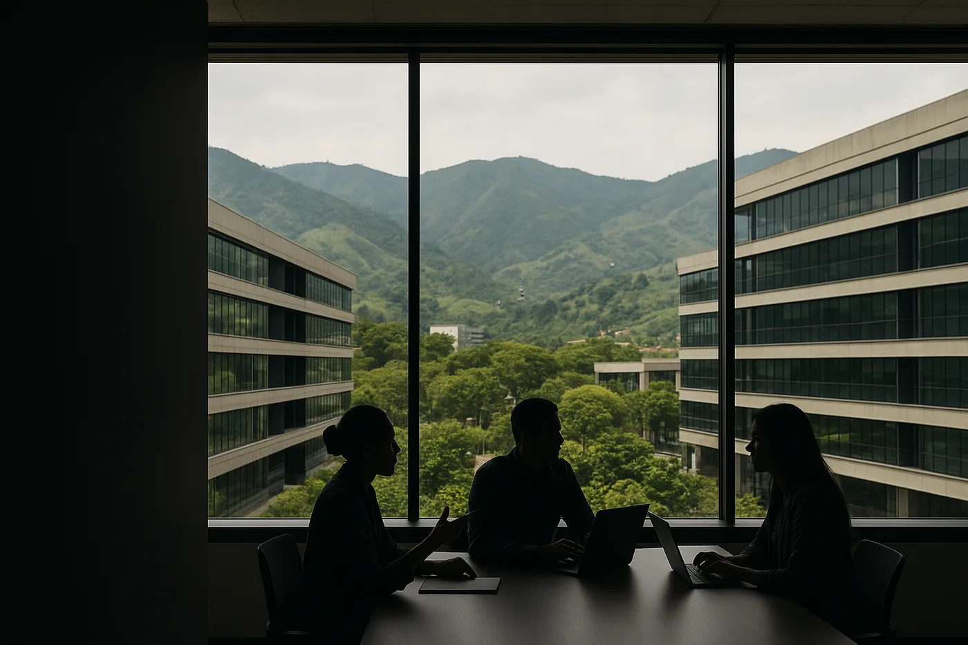 Professionals collaborating in a modern Medellín workspace with the green Aburrá Valley beyond.